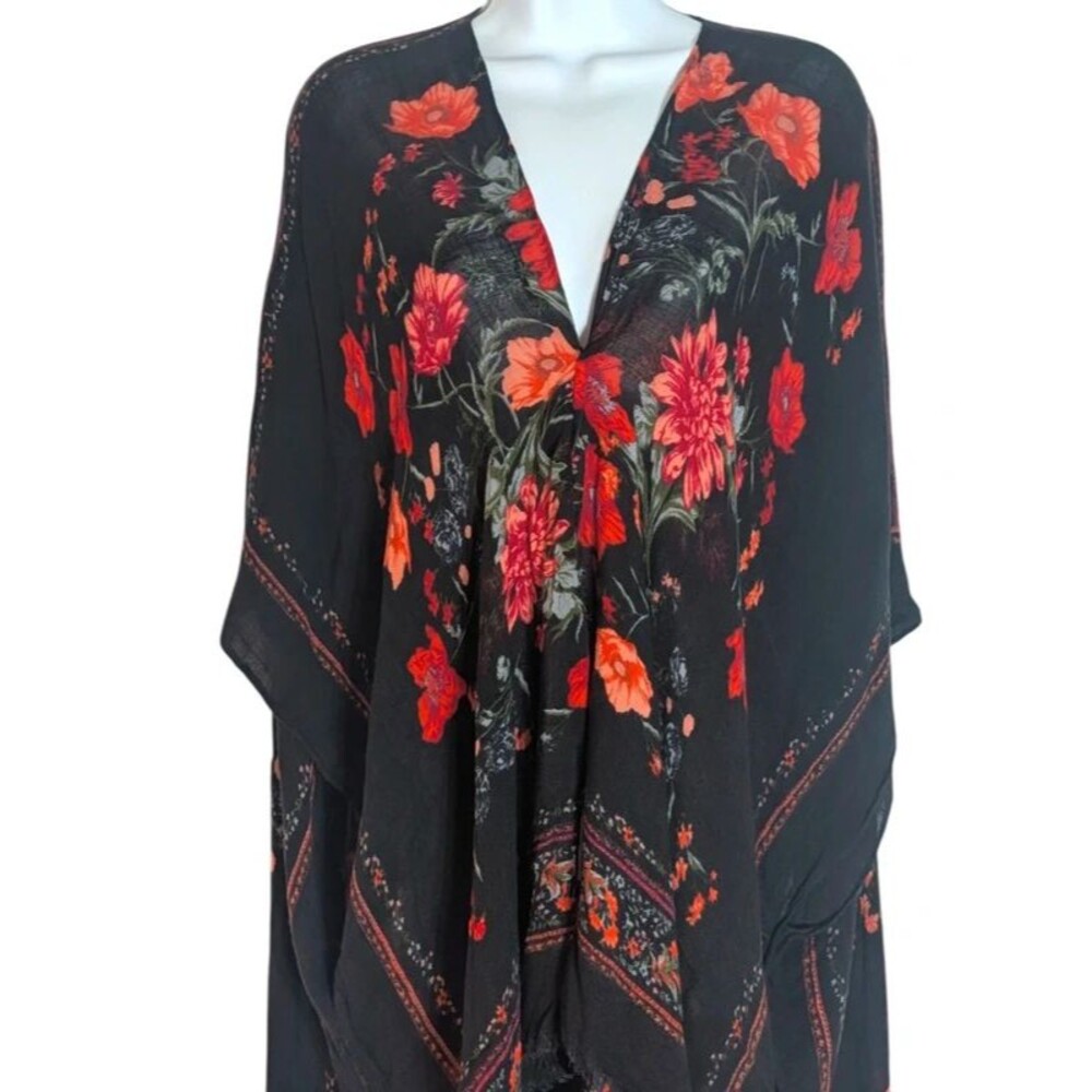 Boho Floral Kimono Cardigan One Size OS Roses Black Red Holiday Lightweight
